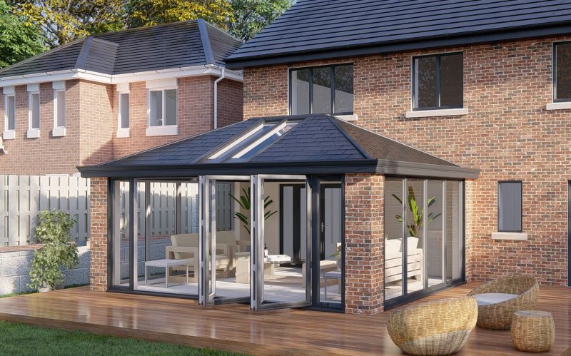 Slim Pillars tiled Roof bifold door