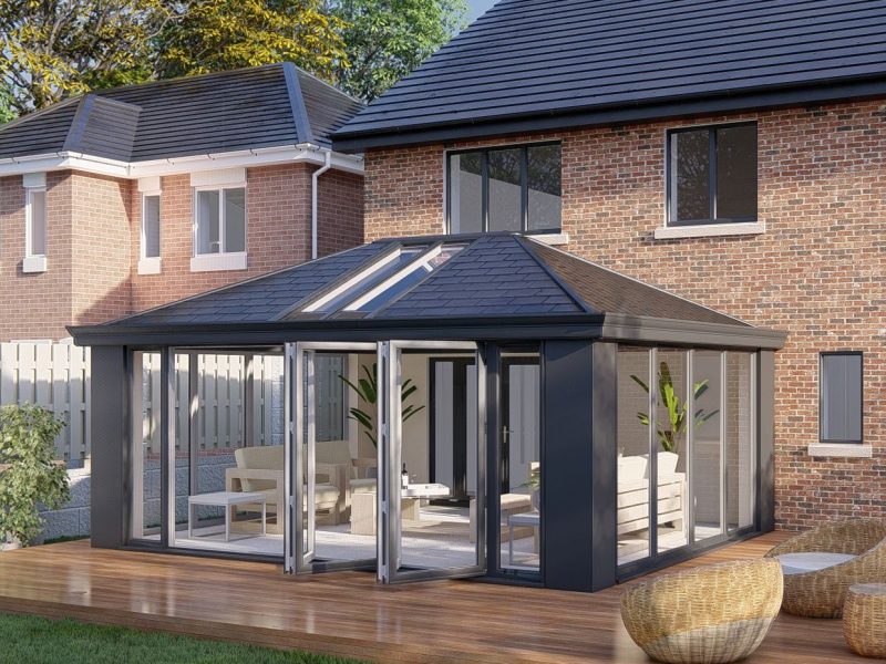 Slim Pillars Tiled Roof Bifold Door