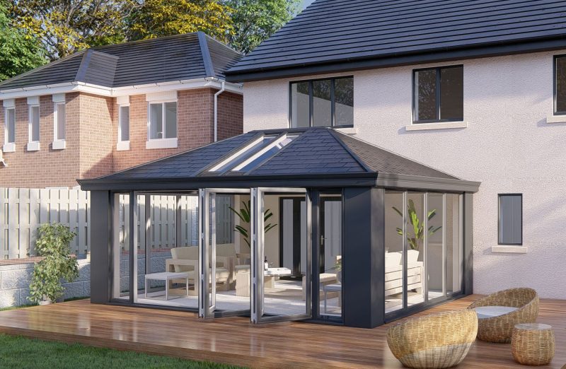 Slim Pillars tiled Roof bifold door