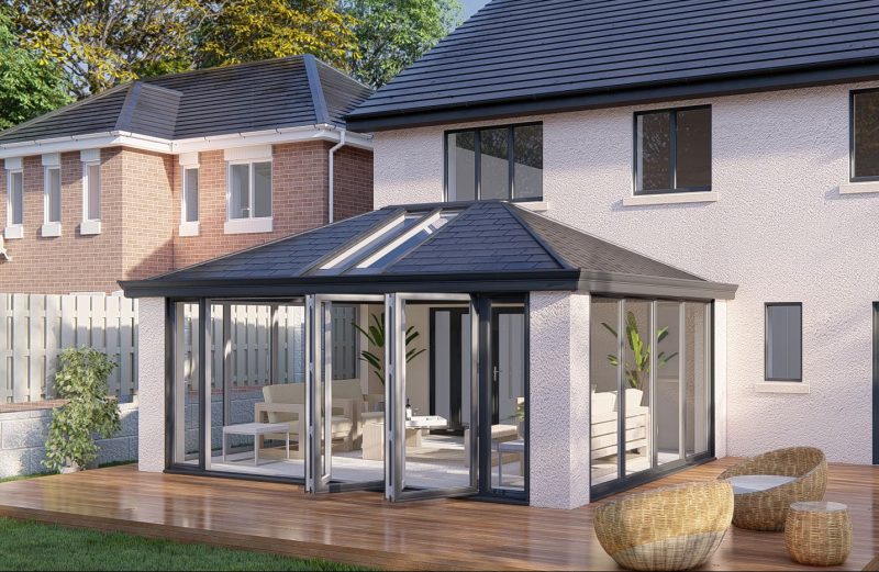 Slim Pillars tiled Roof bifold door